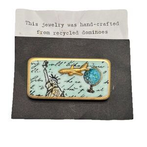 Handcrafted‎ Pin Brooch Travel New York Globe  Recycled Domino